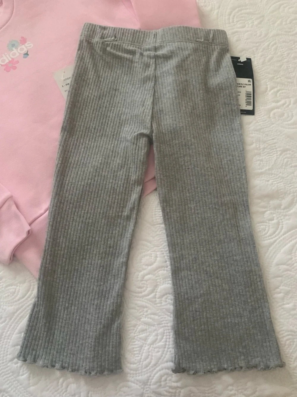 adidas girl’s Pink Crewneck Sweatshirt and Gray Ribbed Leggings Set